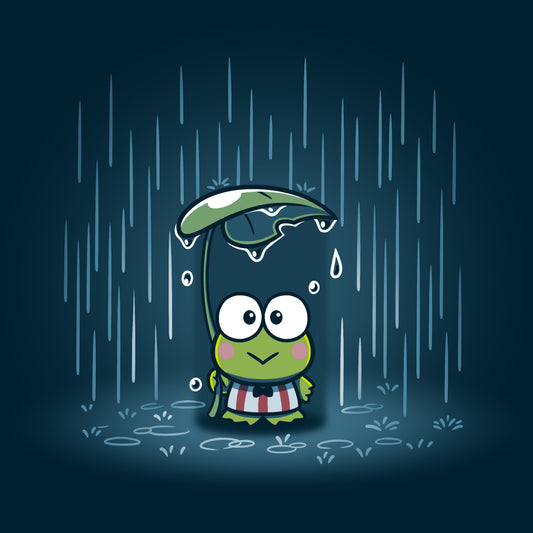 An officially licensed Sanrio T-shirt featuring Keroppi's Umbrella, a cartoon frog with an umbrella in the rain made of ringspun cotton.