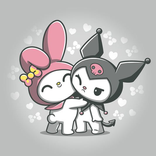 Two licensed Sanrio My Melody and Kuromi characters hugging each other.