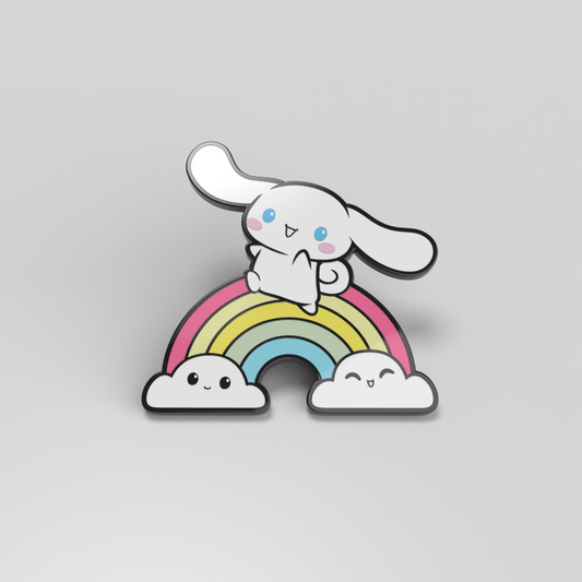A Cinnamoroll pin by Sanrio featuring a white bunny on a rainbow, perfect for collectors of officially licensed products.