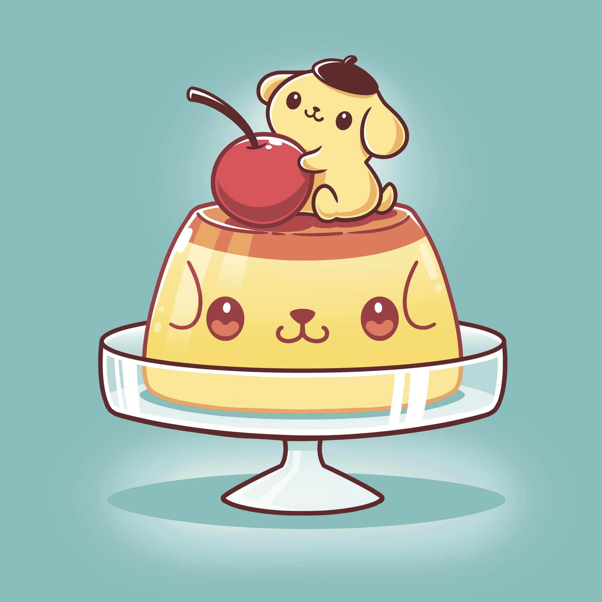 A kawaii Sanrio Pompompurin's Pudding dog sitting on top of a cake.