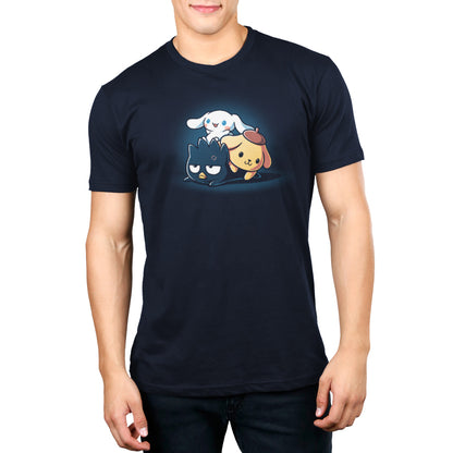 A man wearing a t-shirt with an image of a cat and a dog featuring Cinnamoroll by Sanrio.