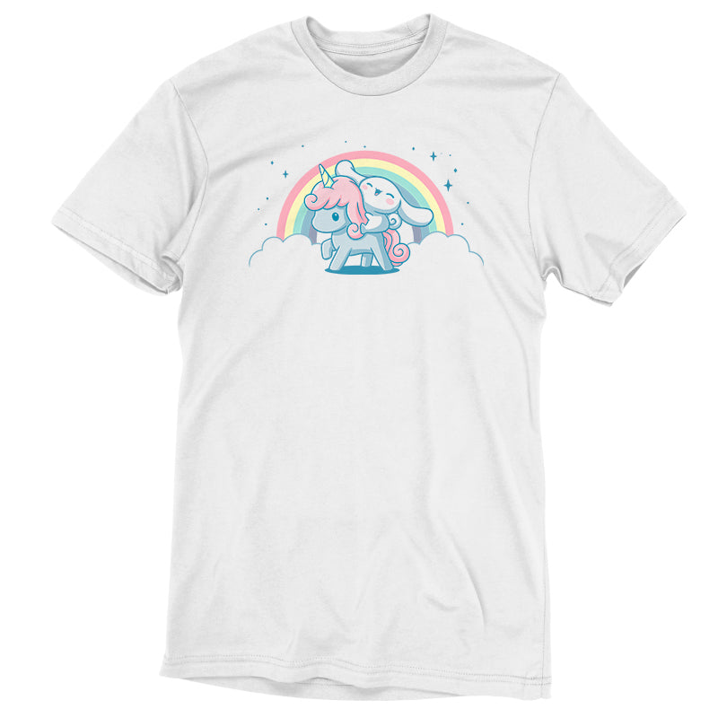 A white t-shirt with an image of Cinnamoroll and Corune the Unicorn by Sanrio.