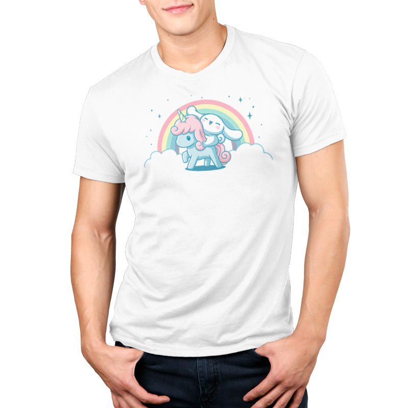 A man wearing a white t-shirt with an image of Cinnamoroll and Corune the Unicorn from Sanrio.