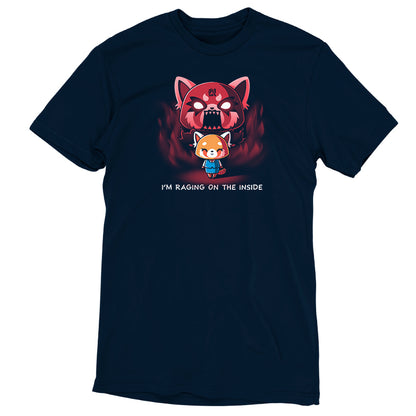 Officially licensed Sanrio Aggretsuko T-shirt featuring the I'm Raging on the Inside cat and dog image.