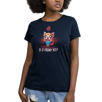 A woman wearing an officially licensed Sanrio Aggretsuko Is it Friday Yet? T-shirt.