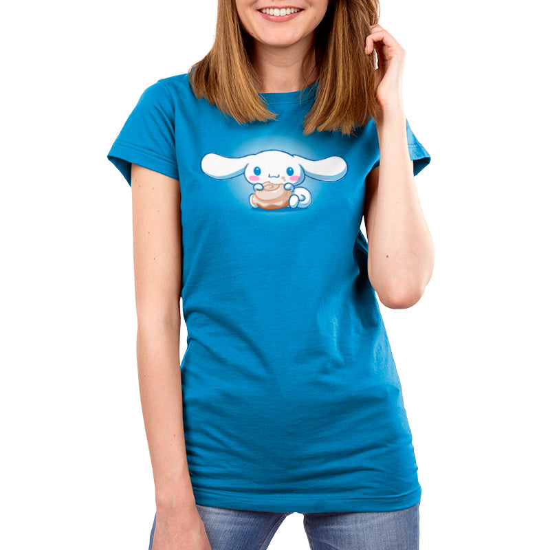 Modified Description: A friendly woman wearing a Sanrio Cobalt Blue t-shirt with an officially licensed Just A Couple of Cinnamorolls white dog.