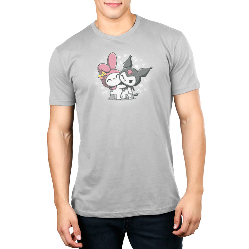 A man wearing an officially licensed Sanrio My Melody and Kuromi shirt.