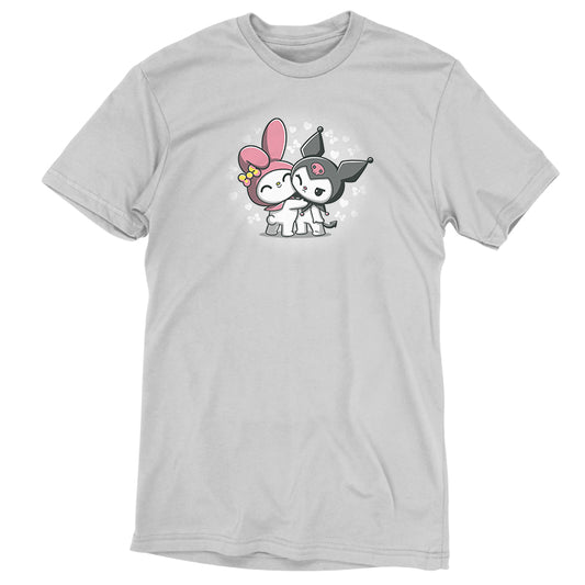 A grey t-shirt with a black cat and My Melody and Kuromi on it by Sanrio.