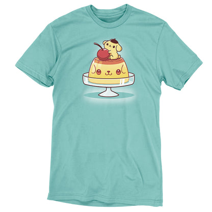 A Sanrio Pompompurin's Pudding themed t-shirt for men and women with an image of a pudding with a cherry on top.