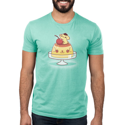 A man wearing a t-shirt with an image of Sanrio's Pompompurin's Pudding on it.