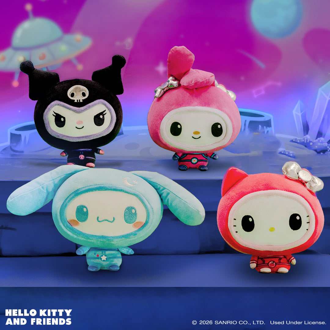 Hello Kitty, Cinnamoroll, My Melody, and Kuromi Cloudheads in spacesuits against a space background
