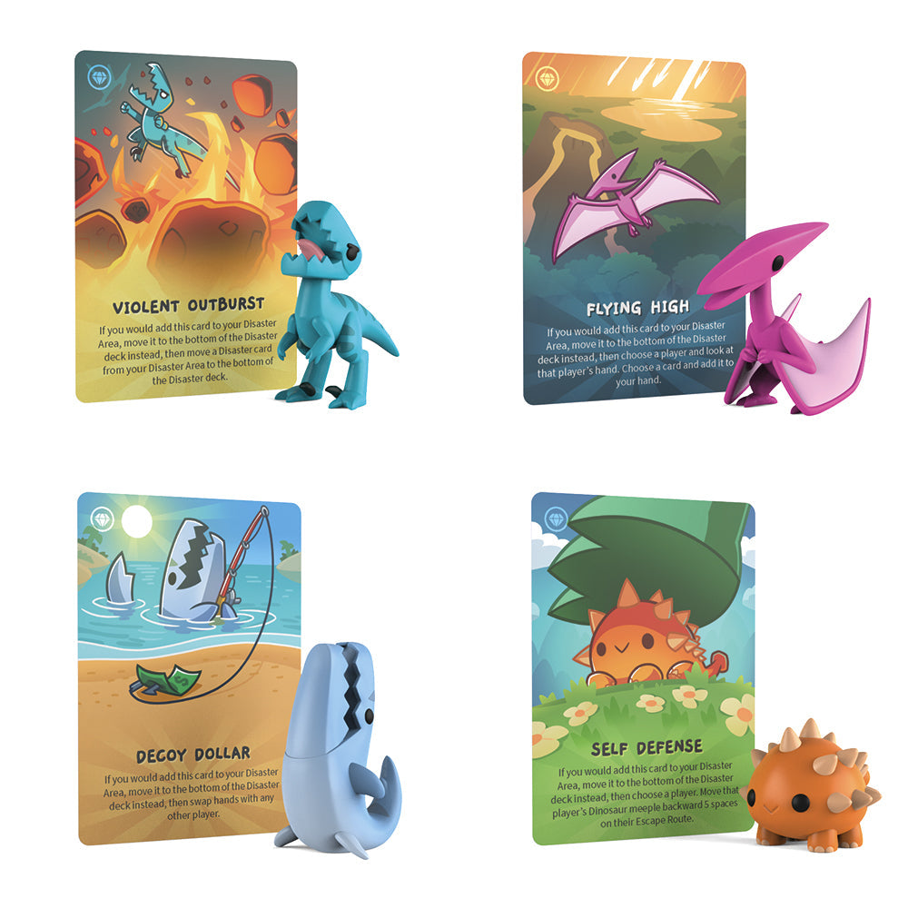 Four dinosaur-themed game cards accompany collectible figures, each paired with a corresponding dinosaur figurine. The cards are titled "Violent Outburst," "Flying High," "Decoy Dollar," and "Self Defense." Ideal for enthusiasts of blind box excitement, discover these surprises in every set of the Happy Little Dinosaurs: Vinyl Figure Blind Box collection by Unstable Games!