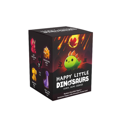 Box of "Happy Little Dinosaurs: Vinyl Figure Blind Box" by Unstable Games, showcasing cartoon dinosaurs on a dark background with lava accents. Each blind box contains a surprise collectible vinyl figure.
