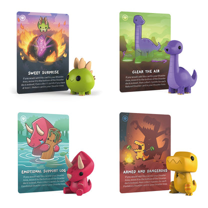 Four vibrant collectible dinosaur figures, from the Happy Little Dinosaurs: Vinyl Figure Blind Box by Unstable Games, are matched with illustrated cards titled "Sweet Surprise," "Clear the Air," "Emotional Support Log," and "Armed and Dangerous." Experience the magic of this distinctive blind box collection.