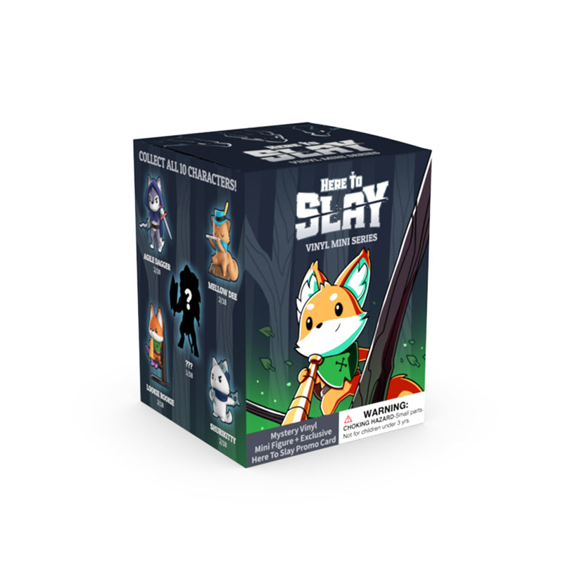 Unstable Games' "Here to Slay: Vinyl Figure Blind Box" showcases a delightful fox character on the front, with images of other collectible figures displayed on the side. A special promotional card is included, along with a warning label for small parts.