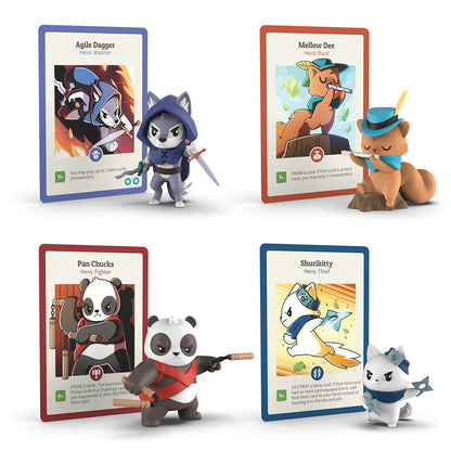 Explore the enchanting world of "Here to Slay" by Unstable Games with four beautifully illustrated character cards. Meet Agile Dagger, a cat warrior; Mellow Dee, a squirrel bard; Pan Chucks, a panda fighter; and Shurikitty, a cat thief. Discover their unique stats and abilities—and don't miss the chance to get an exclusive promo card!