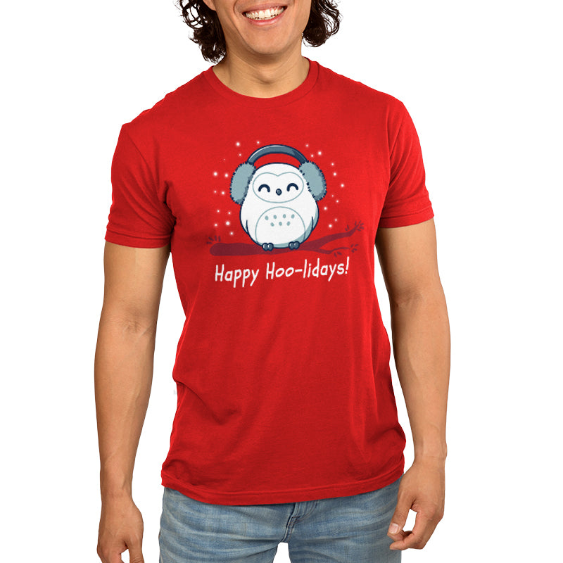 A man wearing a red t-shirt with a Santa hat and headphones is ready to celebrate the Happy Hoo-lidays in comfort with TeeTurtle.