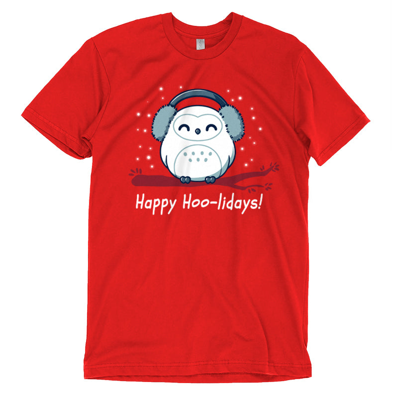 A comfortable red t-shirt featuring an owl wearing headphones and saying Happy Hoo-lidays for the TeeTurtle brand.