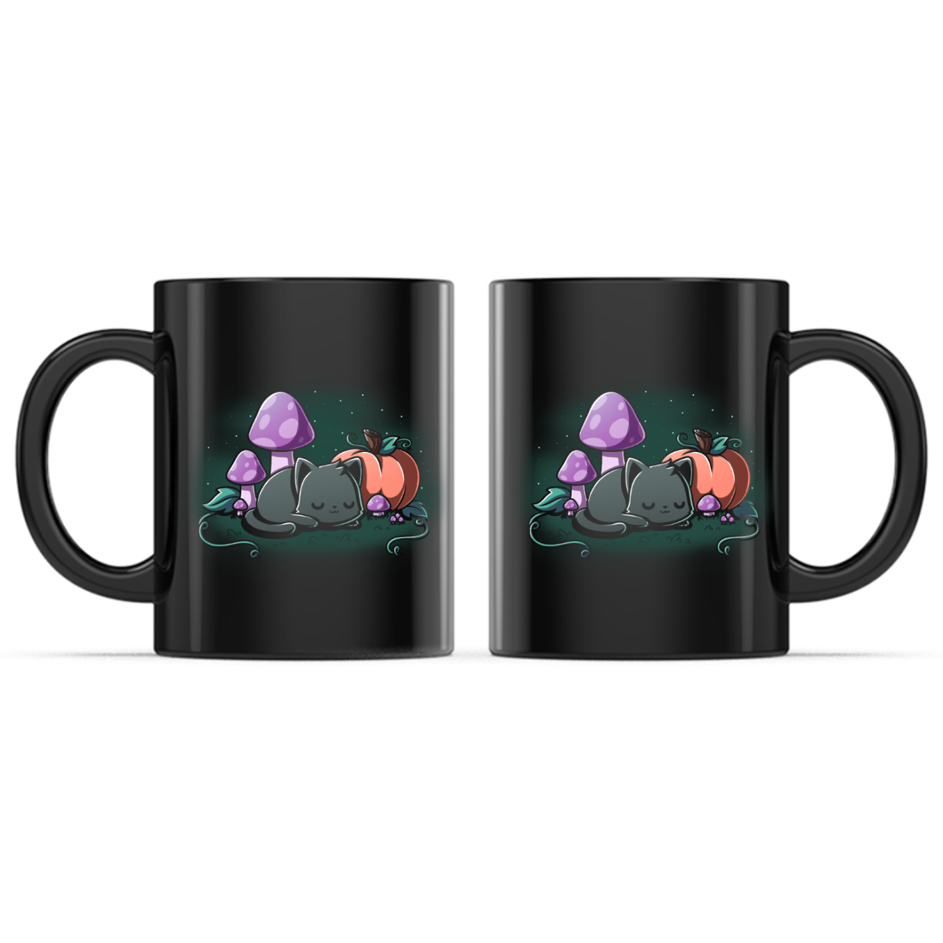 Ceramic Mug_TeeTurtle Harvest Haze Mug black mug featuring a sleeping black cat curled up beside a pumpkin and purple mushrooms in a peaceful autumn woodland scene.