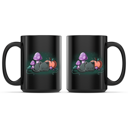 Ceramic Mug_TeeTurtle Harvest Haze Mug black mug featuring a sleeping black cat curled up beside a pumpkin and purple mushrooms in a peaceful autumn woodland scene.