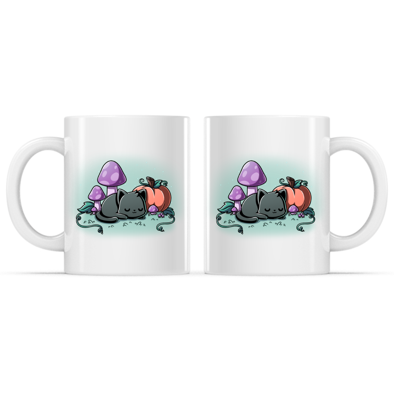Ceramic Mug_TeeTurtle Harvest Haze Mug white mug featuring a sleeping black cat curled up beside a pumpkin and purple mushrooms in a peaceful autumn woodland scene.
