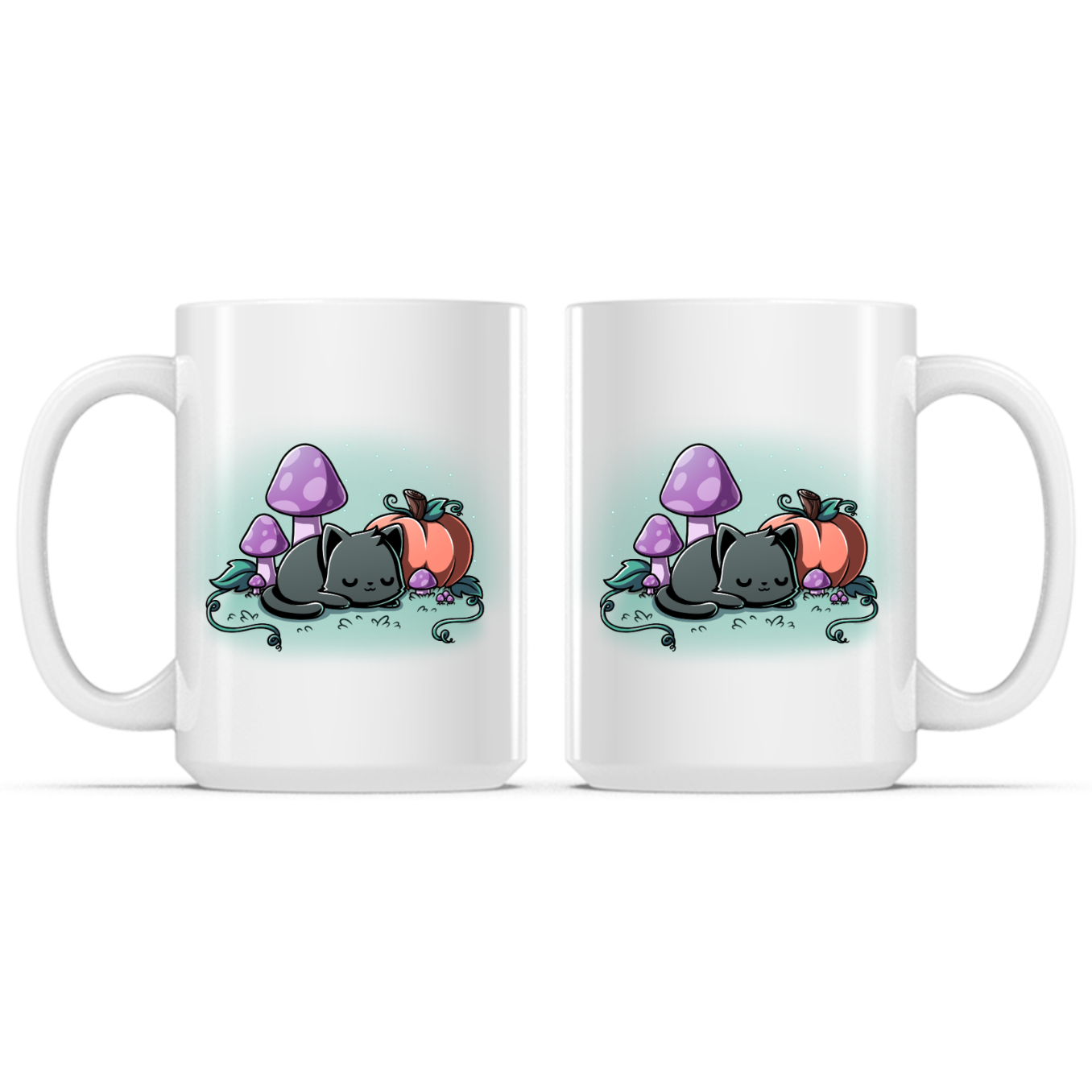 Ceramic Mug_TeeTurtle Harvest Haze Mug white mug featuring a sleeping black cat curled up beside a pumpkin and purple mushrooms in a peaceful autumn woodland scene.