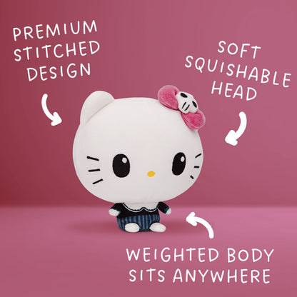 A Hello Kitty Cloudheads plushie with a large white head, black eyes, a pink bow with a skull detail, and a navy-and-white striped outfit with a fancy collar on a pink background with the text "premium stitched design," "soft squishable head," and "weighted body sits anywhere"