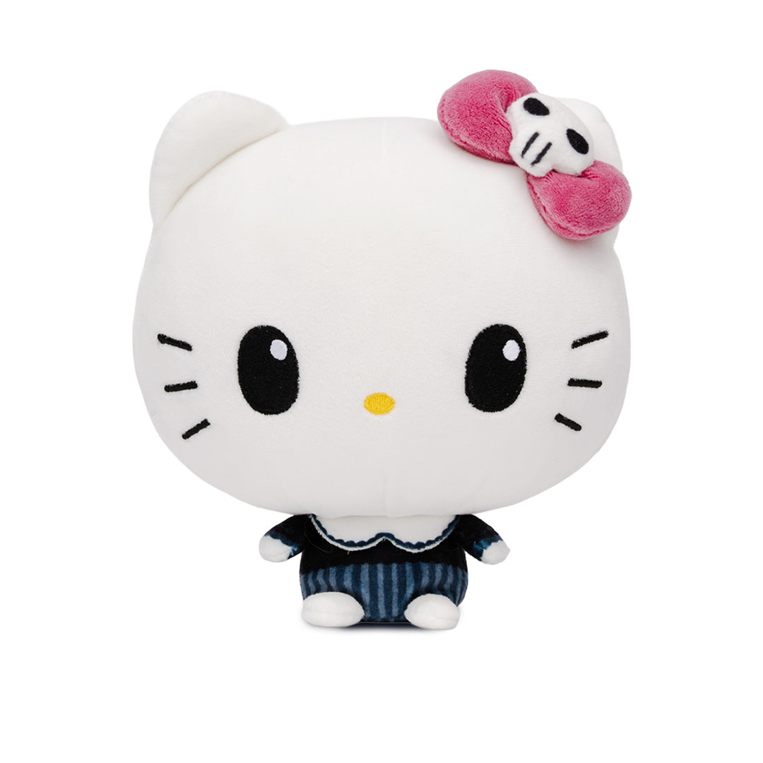 A Hello Kitty Cloudheads plushie with a large white head, black eyes, a pink bow with a skull detail, and a navy-and-white striped outfit with a fancy collar. 