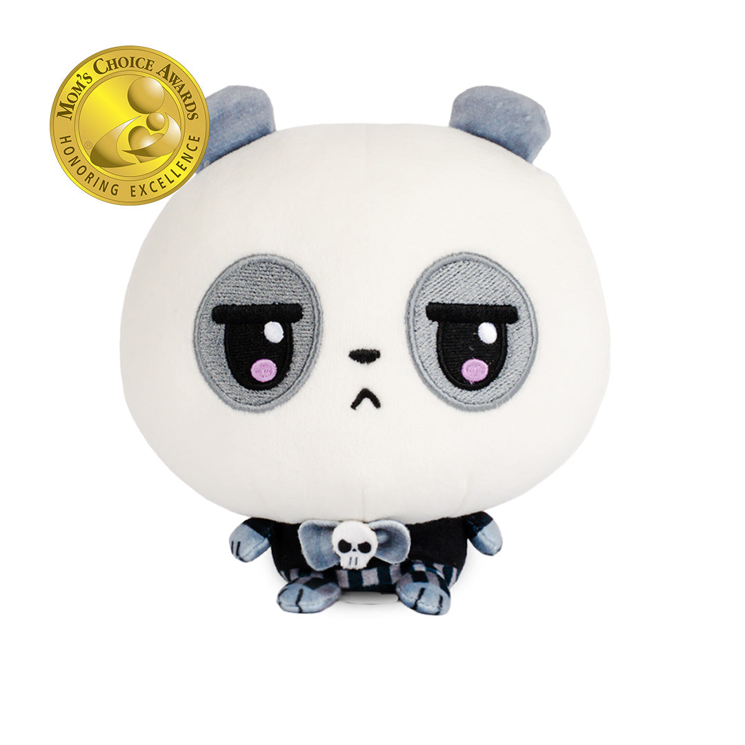 A cute plush panda toy with a sad expression, featuring gray and black ears, large gray eyes with pink details, and a black-and-white striped outfit with a small skull emblem. 