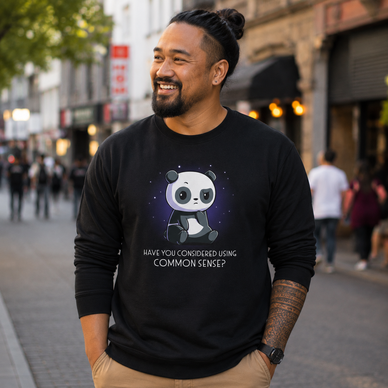 Crew Neck Sweatshirt_TeeTurtle black Have You Considered Using Common Sense? featuring a panda sitting with a skeptical expression against a starry background. The text at the bottom reads, "Have you considered using common sense?" 