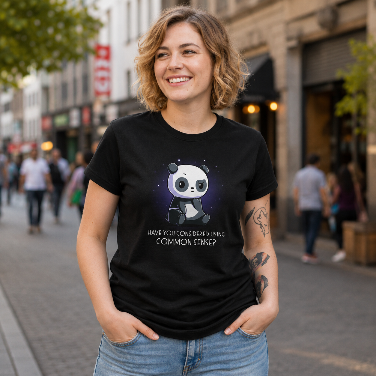 Premium Cotton T-shirt_TeeTurtle black Have You Considered Using Common Sense? featuring a panda sitting with a skeptical expression against a starry background. The text at the bottom reads, "Have you considered using common sense?" 