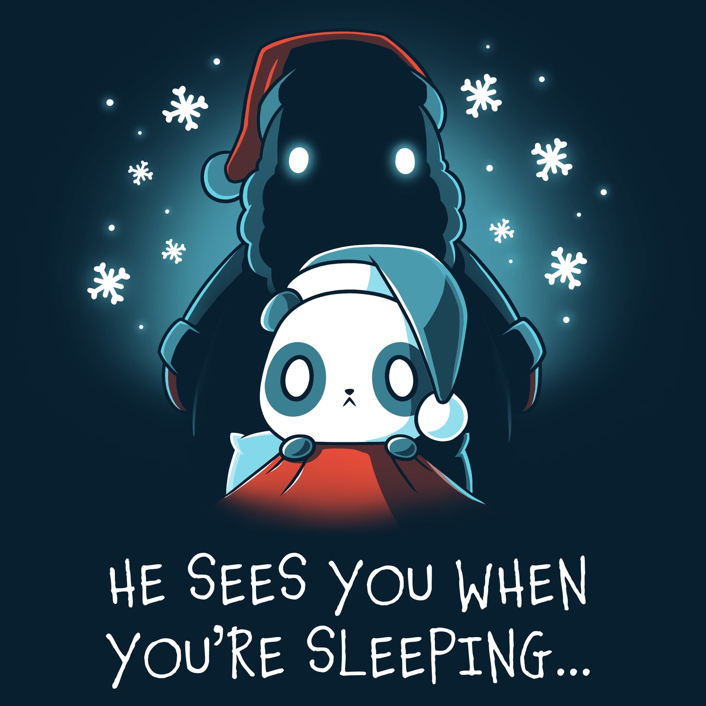 He sees you when you're sleeping in a navy blue TeeTurtle "He Sees You When You're Sleeping" t-shirt.