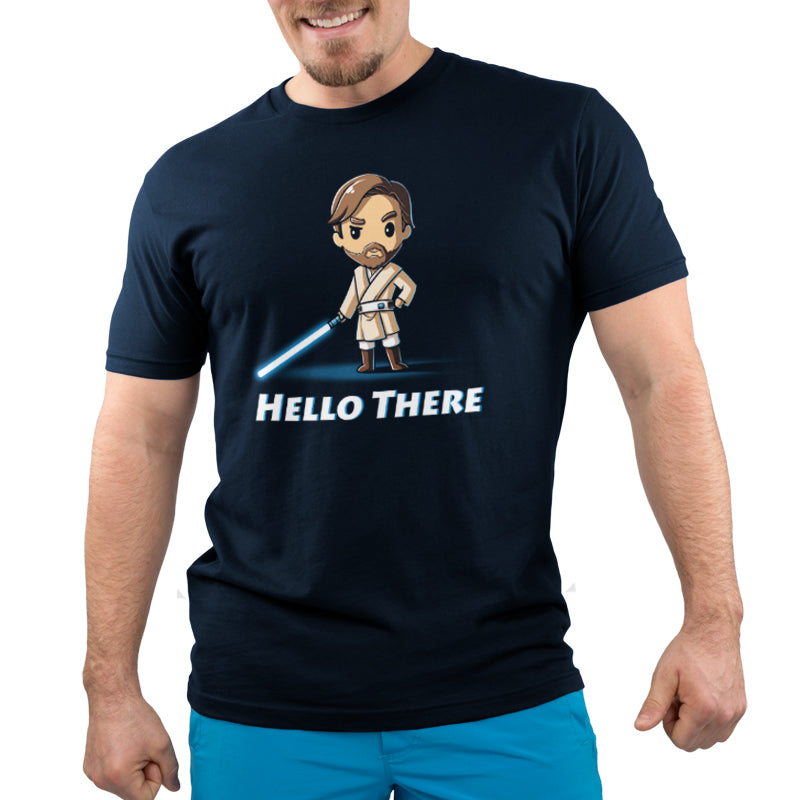 A man wearing a Hello There Star Wars t-shirt.