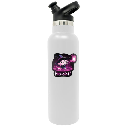 A water-resistant TeeTurtle white water bottle with a Hex-olotl sticker.