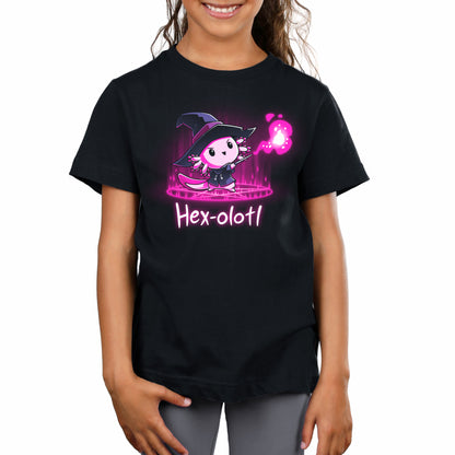 A girl wearing a black t-shirt with the words Hex-olotl by TeeTurtle on it.