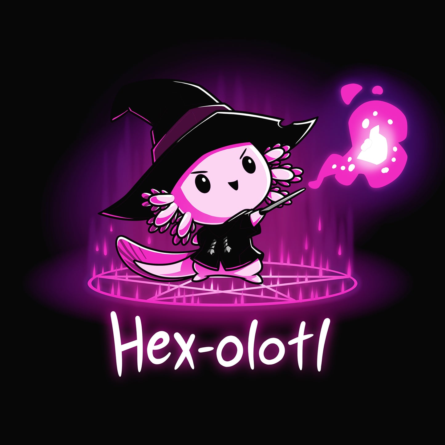 Premium Cotton T-shirt_TeeTurtle Hex-olotl black t-shirt featuring an illustration of a cartoon axolotl witch wearing a black witch's hat and black robe holding a wand and casting a spell with vibrant pink/purple magical energy emanating from the wand while standing on a pentagram with "Hex-olotl" written underneath. The colors within the design are a gradient of deep purple and magenta hues.