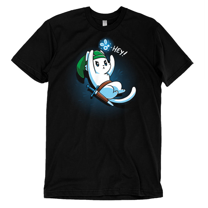 A black monsterdigital t-shirt featuring an illustration of a cartoon white cat dressed as a video game warrior, with a green hat and sword, saying "Hey!" in a speech bubble. Made from super soft ringspun cotton for ultimate comfort.