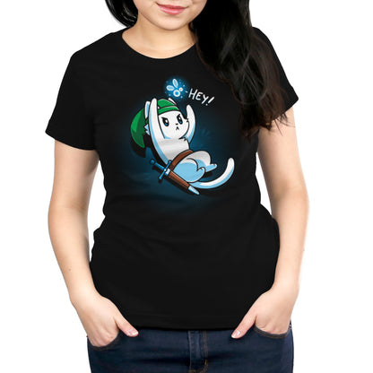 Woman wearing a Super Soft Ringspun Cotton black t-shirt featuring an animated cat character dressed as a medieval hero with a green hat, holding a sword, and saying "Hey!". This black monsterdigital Hey! t-shirt is both comfortable and stylish.