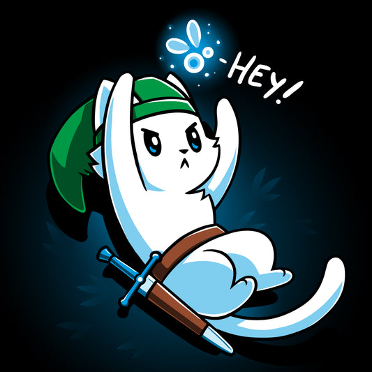 A cartoon white cat dressed as a warrior with a green hat, holding a sword, looks up on this black monsterdigital t-shirt. An animated creature above its head says 