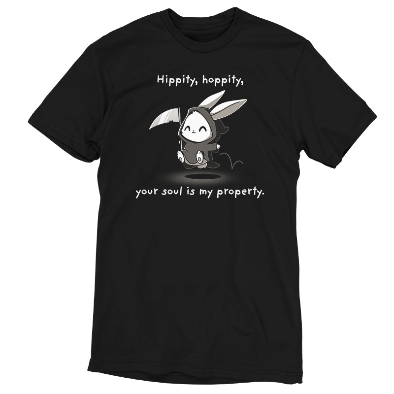 A TeeTurtle "Hippity Hoppity Your Soul is My Property (Glow)" black t-shirt featuring a spooky cutie cartoon bunny holding a scythe.