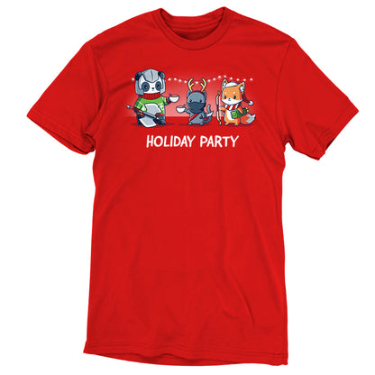 A red t-shirt with the phrase "Holiday Party" written on it made by TeeTurtle.
