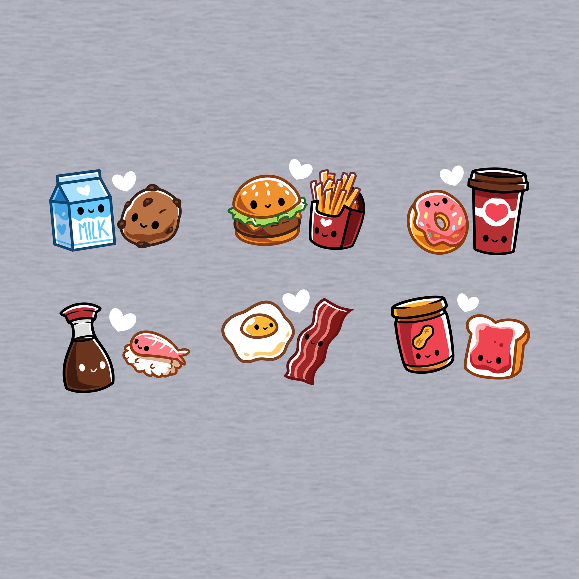 Pullover Hoodie_TeeTurtle heather gray Taste Buddies Pullover Hoodie featuring six pairs of food with smiling faces and a heart between each pair.