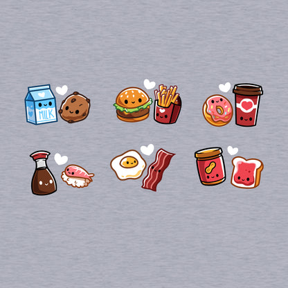 Pullover Hoodie_TeeTurtle heather gray Taste Buddies Pullover Hoodie featuring six pairs of food with smiling faces and a heart between each pair.