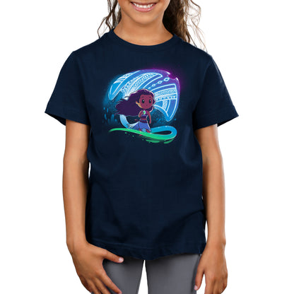 A girl wearing a Disney licensed t-shirt with an image of "How Far I'll Go" riding a bike.