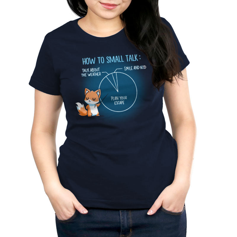 Premium Cotton T-shirt_TeeTurtle How to Small Talk navy blue t-shirt featuring an introverted fox pointing at a pie chart with three segments explaining small talk.