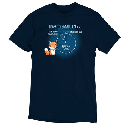 Premium Cotton T-shirt_TeeTurtle How to Small Talk navy blue t-shirt featuring an introverted fox pointing at a pie chart with three segments explaining small talk.