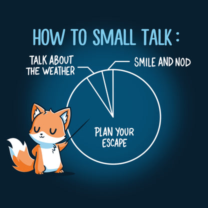 Premium Cotton T-shirt_TeeTurtle How to Small Talk navy blue t-shirt featuring an introverted fox pointing at a pie chart with three segments explaining small talk.