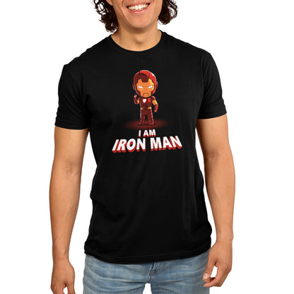A man wearing an officially licensed "I am Iron Man" Marvel t-shirt.