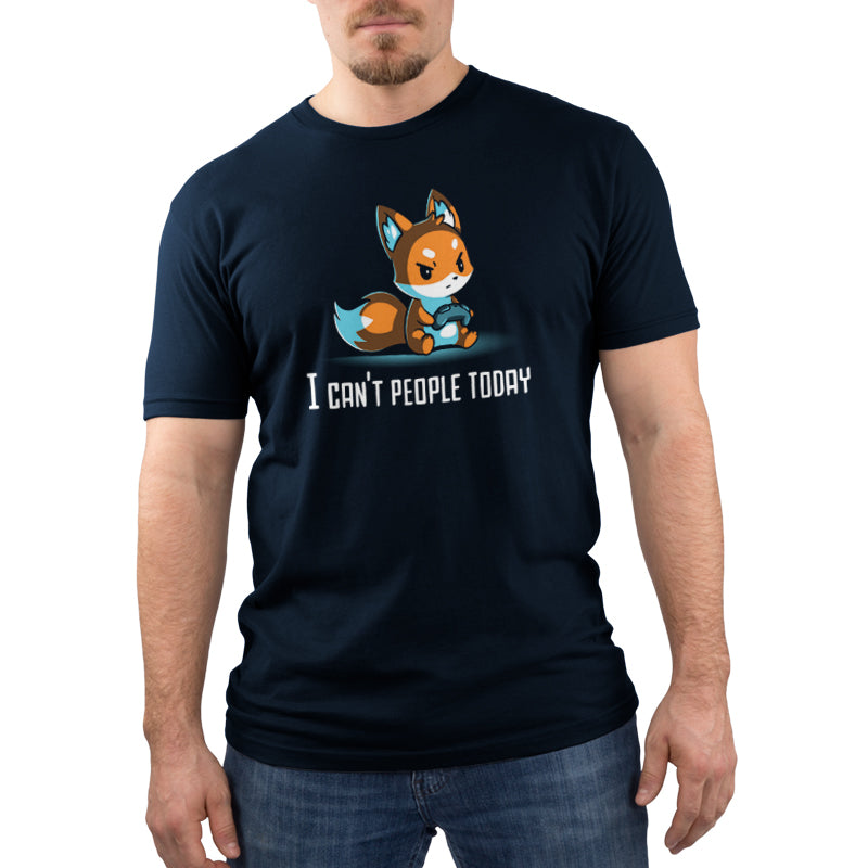 A man wearing a navy blue t-shirt from TeeTurtle that says I Can't People Today.