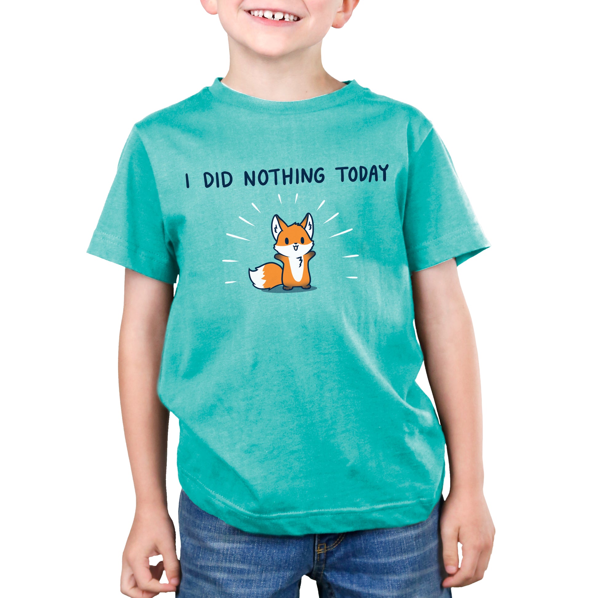 A young boy wearing a TeeTurtle original t-shirt in Caribbean Blue that says "I Did Nothing Today" by TeeTurtle.